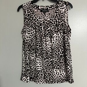 Kasper Leopard Print Pleated Sleeveless Top Medium workwear ivory black layering